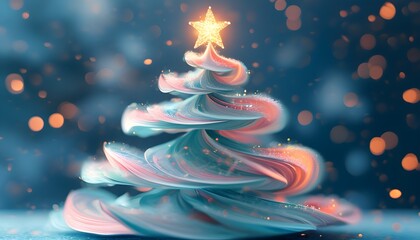 Wall Mural - Whimsical pastel tree adorned with a shining star, set against a backdrop of dreamy blue bokeh lights