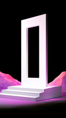 Sticker - White doorway with steps, pink lighting and background.