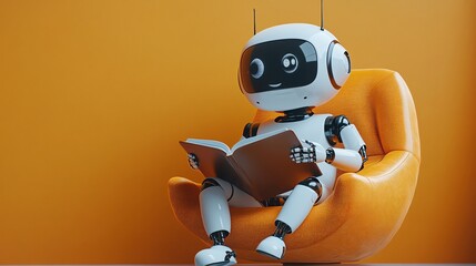 AI chatbots sitting on chairs, working and chatting in a book, cute 3D rendering illustration with text copy space.