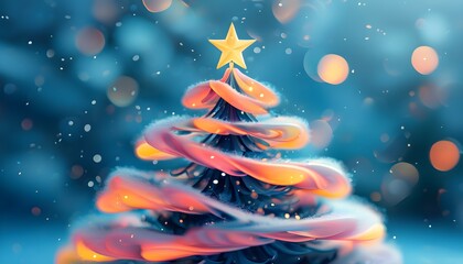 Wall Mural - Whimsical pastel tree adorned with a shining star, set against a backdrop of dreamy blue bokeh lights