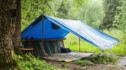 A tarp set up as a rain shelter over a picnic area in the woods, with rain gently falling, illustrating practical outdoor survival.