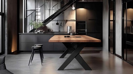 Wall Mural - Sleek Industrial Style Wooden Table with Metal Base in Modern Loft Apartment Interior: Modern Loft Featuring Stylish Wooden Table with Metal Base and Contemporary Design.