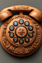 Antique rotary phone with wooden body and intricate carvings.