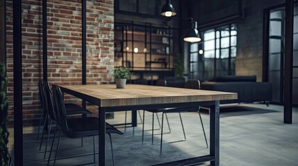 Wall Mural - Sleek Industrial Style Wooden Table with Metal Base in Modern Loft Apartment Interior: Modern Loft Featuring Stylish Wooden Table with Metal Base and Contemporary Design.