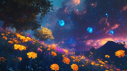 Sticker - A field of yellow flowers with a mountain in the background and a starry night sky with blue orbs.