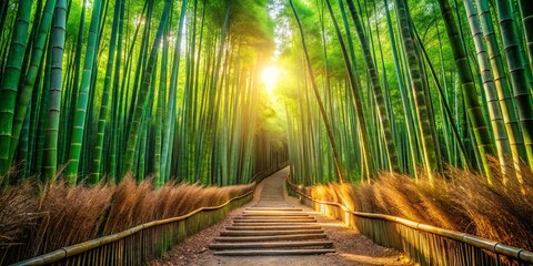 Serene Bamboo Forest Pathway Surrounded by Lush Greenery and Soft Sunlight Filtering Through Leaves