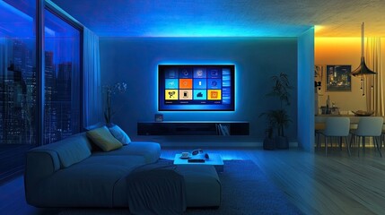 Wall Mural - Smart Home System Monitor Screen with All Lights On in Different Colors: Featuring a Modern Sofa and TV Setup for a High-Tech and Comfortable Living Space.