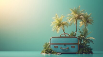 Flat background with a 3D travel suitcase adorned with miniature palm trees and a tropical landscape, capturing the essence of summer and exotic destinations.