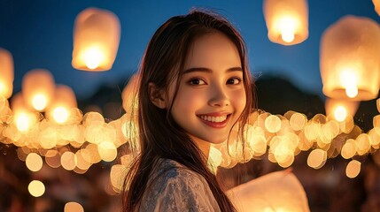 Portrait of a beautiful woman with Lanterns floating into the night sky during the Yi Peng festival in Thailand, with the warm glow of thousands of lights illuminating the serene evening