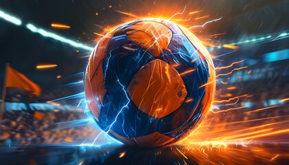 Wall Mural - Dynamic soccer ball in motion with vibrant orange and blue effects, showcasing thrilling action in a competitive football atmosphere