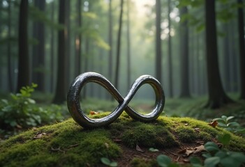 A sleek, metallic infinity symbol on a forest landscape