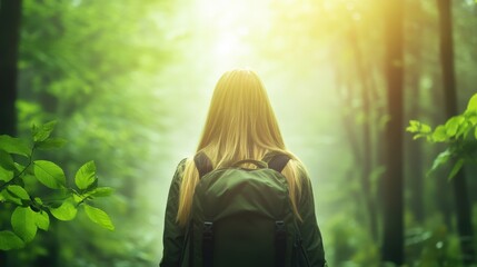 Sticker - A young woman hiking through a lush forest, representing the thrill and beauty of nature exploration.