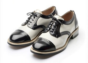 Classic 1950s black and white saddle shoes with laces, isolated on a white background