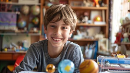 A happy boy smiles while studying planets. He explores space with colorful models and a bright, inviting room filled with treasures.