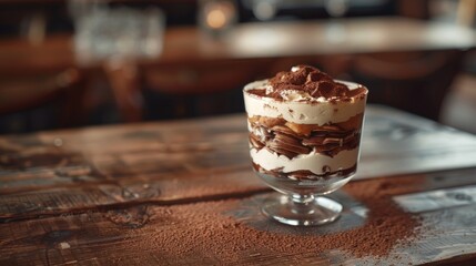 Delicious dessert in a glass layered with cream, chocolate, and cookies on a rustic wooden table