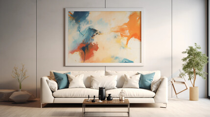 Wall Mural - Abstract Painting in White Frame Above White Sofa in Minimalist Living Room