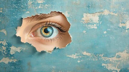 Stock photo of a woman's eye through a hole in vintage paper, hyperrealistic artwork in blue and beige colors.