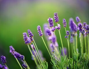 Lavender flowers - Sunset over a summer purple lavender field . Bunch of scented flowers in the lavanda fields of the French Provence near