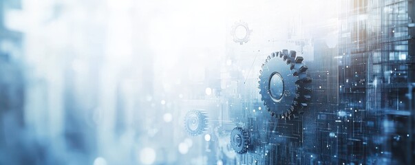Wall Mural - futuristic gears and cogs in a light gray and blue digital concept background with technology themes