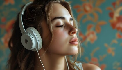 Woman immersed in music, enjoying relaxing moments with headphones, exploring thoughts through sound and technology