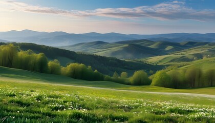 Wall Mural - Breathtaking spring panorama of mountainous countryside with lush grassy fields and rolling hills in serene rural scenery