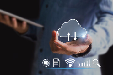 Wall Mural - cloud computing shown in hand cloud technology data storage, data transfer, network and internet ser