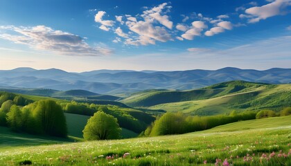 Wall Mural - Breathtaking spring panorama of mountainous countryside with lush grassy fields and rolling hills in serene rural scenery