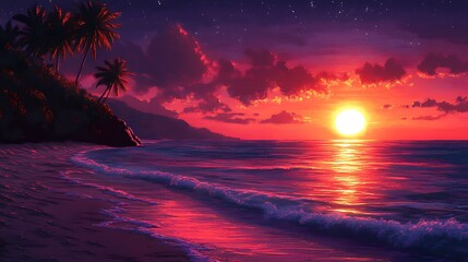 A vibrant sunset paints the sky with hues of orange, pink, and purple as the sun dips below the horizon, casting a warm glow on the tranquil ocean waves and palm trees.