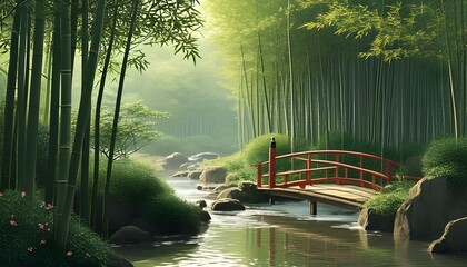 Wall Mural - Serene Japanese Bridge Traversing a Lush Bamboo Forest in an Elegant Wallpaper Design