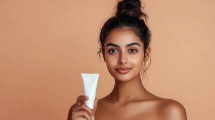 A woman is holding a white tube of makeup