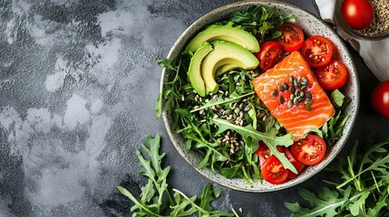 Top view of a salad bowl containing fresh vegetables like tomatoes, avocado, arugula, seeds, and salmon set on a table with ample copy space.