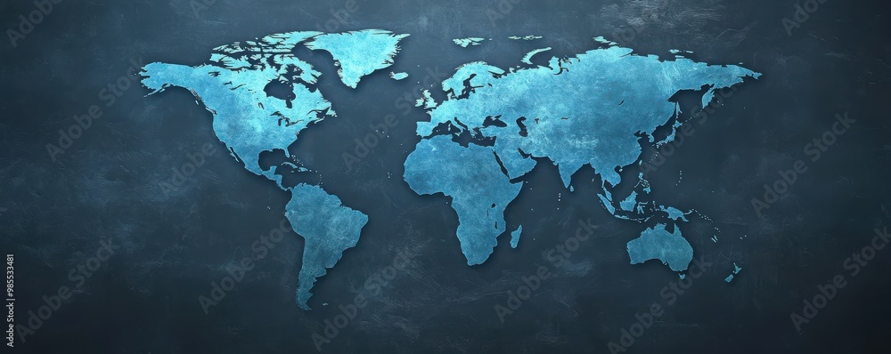 Abstract blue world map on dark gray background depicting global ...