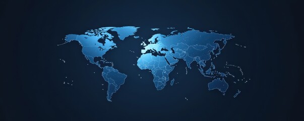 Wall Mural - blue world map illustration with dark gray background showing continents in a modern style