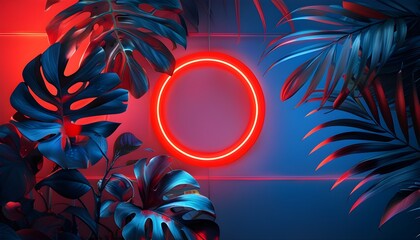 Wall Mural - Vibrant Red and Blue Neon Circles with Tropical Leaves Creating a Modern Background Banner