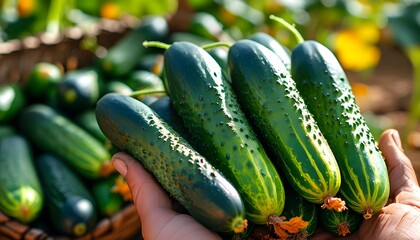 Wall Mural - Freshly harvested cucumbers in a farmers hands showcasing the beauty of nature and the bounty of healthy, nutrient-rich vegetables