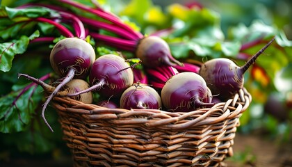 Wall Mural - Vibrant beetroot harvest captured in a farmers hands against a natural backdrop, celebrating the beauty of fresh vegetables and healthy nutrition