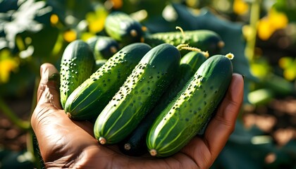 Wall Mural - Freshly harvested cucumbers in a farmers hands showcasing the beauty of nature and the bounty of healthy, nutrient-rich vegetables