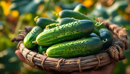 Wall Mural - Freshly harvested cucumbers in a farmers hands showcasing the beauty of nature and the bounty of healthy, nutrient-rich vegetables