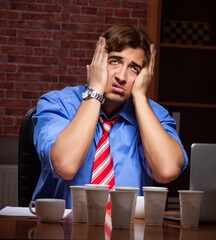 Poster - Young employee drinking coffee working at night shift