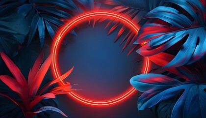 Wall Mural - Vibrant Red and Blue Neon Circles with Tropical Leaves Creating a Modern Background Banner