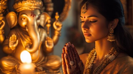 Dressed in traditional attire, a woman clasps her hands in prayer before a Ganesh idol, illuminated by a soft candlelight, creating a serene atmosphere