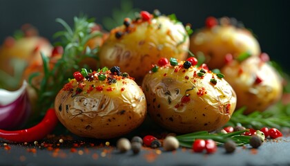 Wall Mural - Macro shot of fried potatoes seasoned with spices against a vibrant vegetable backdrop