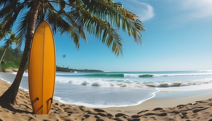 Wall Mural - Surfboards Lined on a Sunlit Beach, Evoking Adventure and Relaxation in a Panoramic Vacation Escape