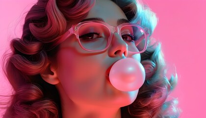 Wall Mural - 80s Retro Vibe: Woman Chewing Gum on Pink Background with Neon Tones and Bubble Fun