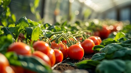 A row of bright red tomatoes sits freshly harvested in a greenhouse. The sunlight highlights their glossy skins, surrounded by lush green leaves