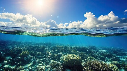 Underwater and Sunny Sky Split View: Split view showcasing serene underwater and sunny sky, blending natural elements for a tranquil scene.