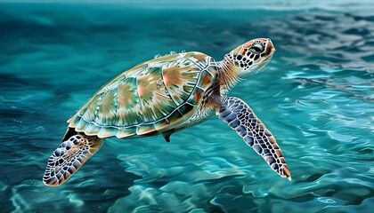 Wall Mural - Graceful green sea turtle swimming through vibrant turquoise ocean waters