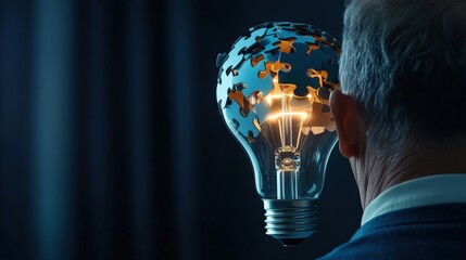 Lightbulb of puzzle pieces businessman thinking in business solution floating above a , innovation, creative digital data analysis technology neon tone