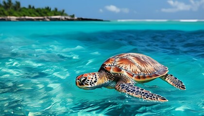 Wall Mural - Graceful green sea turtle swimming through vibrant turquoise ocean waters