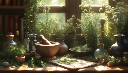 Sunlit herbalists study featuring a mortar and pestle surrounded by dried herbs, embodying the essence of herbal medicine and natural healing practices.